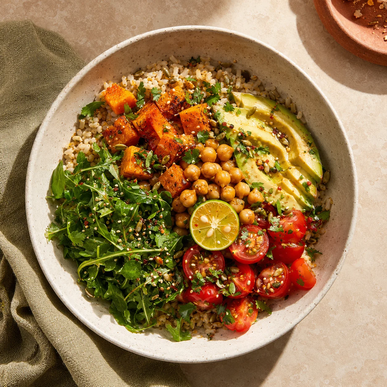 Colourful seasonal grain bowl with vegetables and herbs