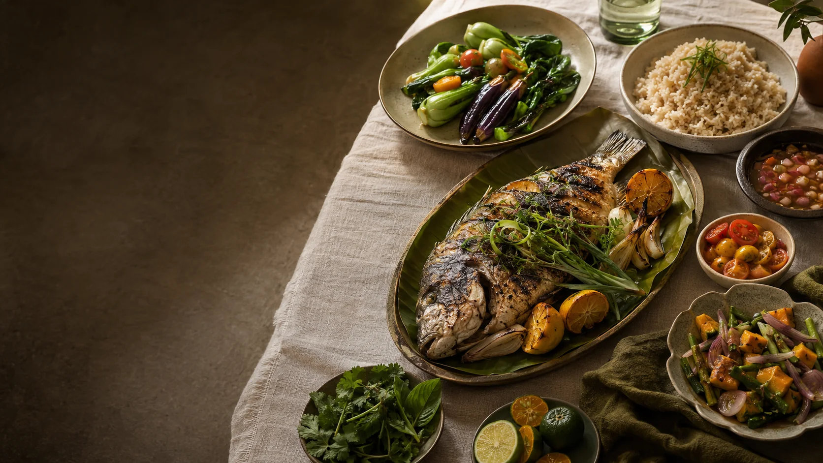 Balanced home-cooked table with grilled fish and colourful vegetables