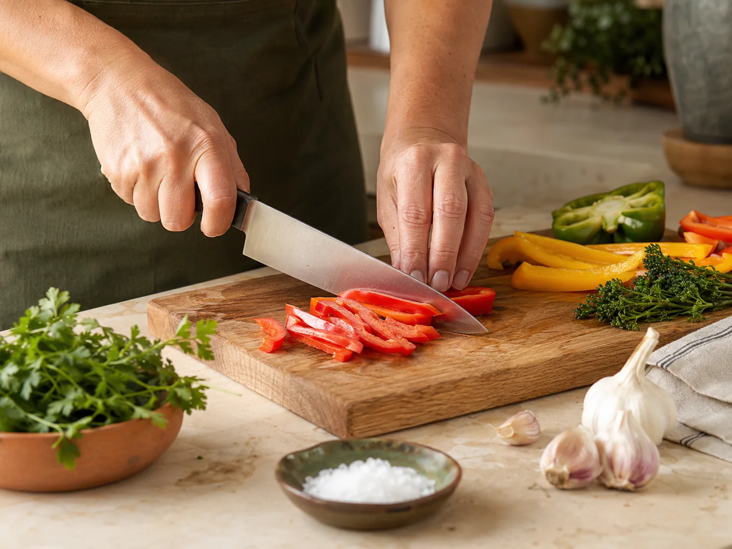 Hands practising safe vegetable preparation and knife technique